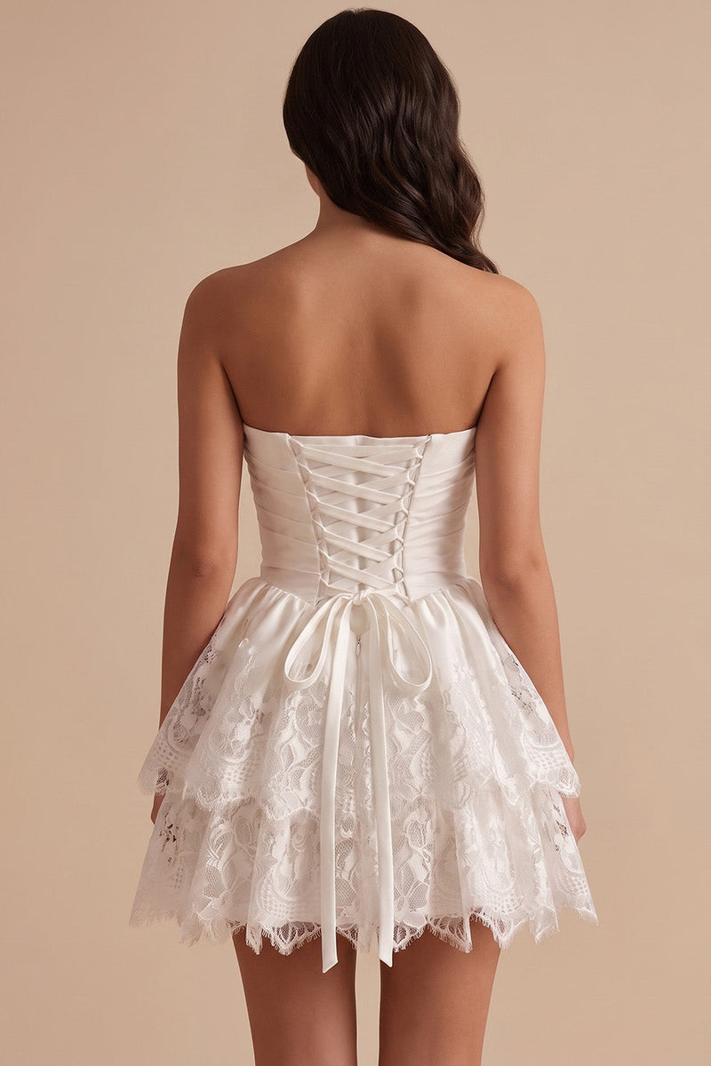 Load image into Gallery viewer, A Line White Ruched Lace Ruffled Tiered Strapless Short Graduation Dress
