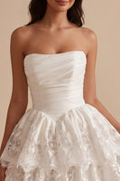 Load image into Gallery viewer, A Line White Ruched Lace Ruffled Tiered Strapless Short Graduation Dress