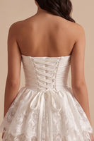 Load image into Gallery viewer, A Line White Ruched Lace Ruffled Tiered Strapless Short Graduation Dress