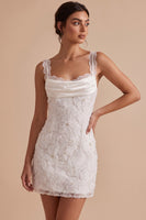 Load image into Gallery viewer, Floral White Sparkly Beaded Tight Cowl Neck Short Graduation Dress with Pearls