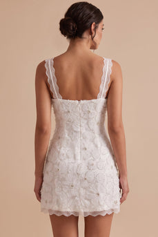 Floral White Sparkly Beaded Tight Cowl Neck Short Graduation Dress with Pearls
