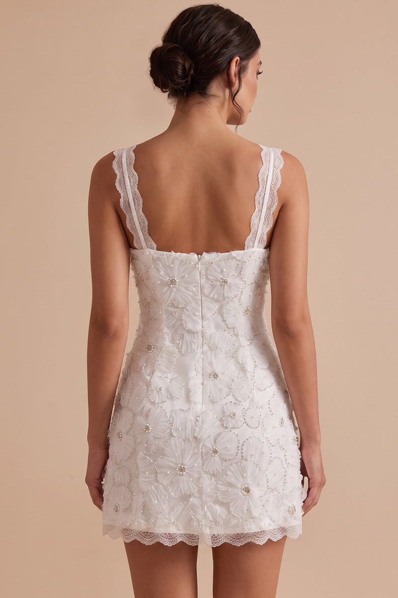 Load image into Gallery viewer, Floral White Sparkly Beaded Tight Cowl Neck Short Graduation Dress with Pearls