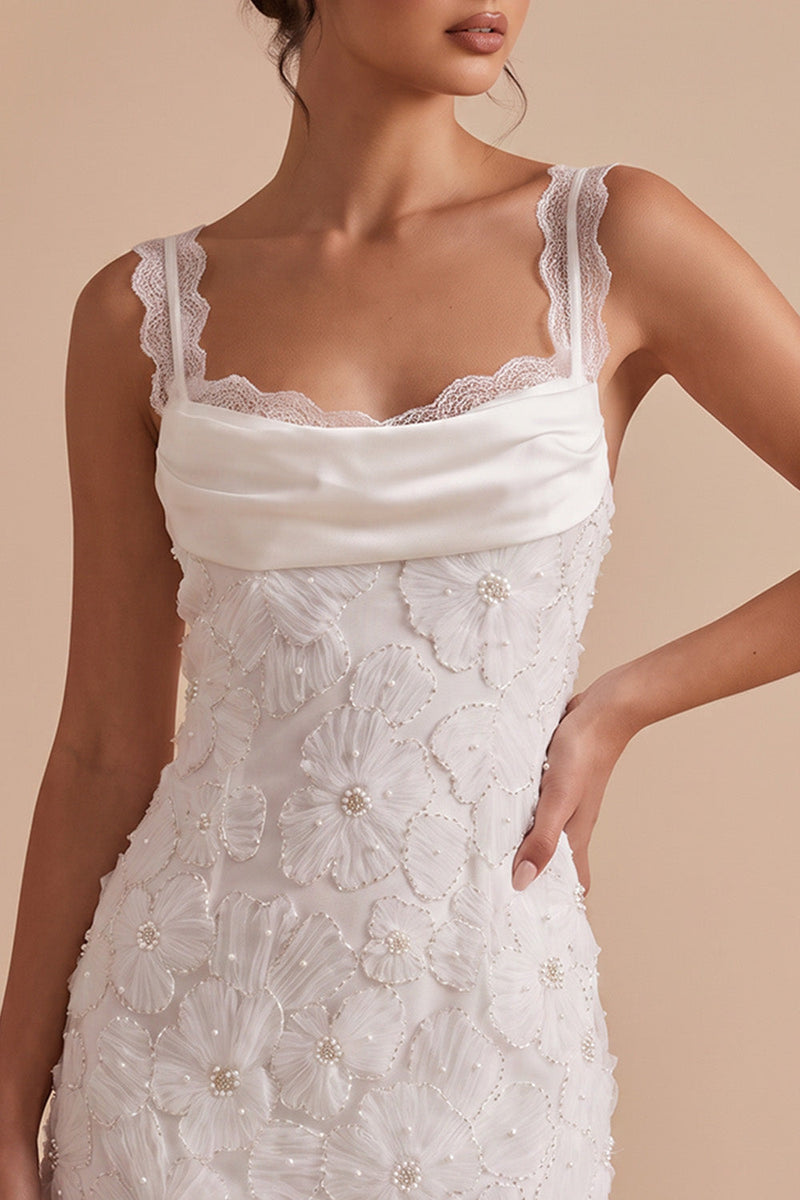 Load image into Gallery viewer, Floral White Sparkly Beaded Tight Cowl Neck Short Graduation Dress with Pearls