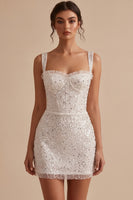 Load image into Gallery viewer, Sparkly White Bodycon Ruffled Corset Sequin Thick Straps Short Graduation Dress