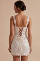 Load image into Gallery viewer, Sparkly White Bodycon Ruffled Corset Sequin Thick Straps Short Graduation Dress