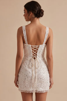 Sparkly White Bodycon Ruffled Corset Sequin Thick Straps Short Graduation Dress