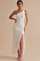 Load image into Gallery viewer, Sheath White Lace Ruffled One Shoulder Midi Graduation Dress with Slit