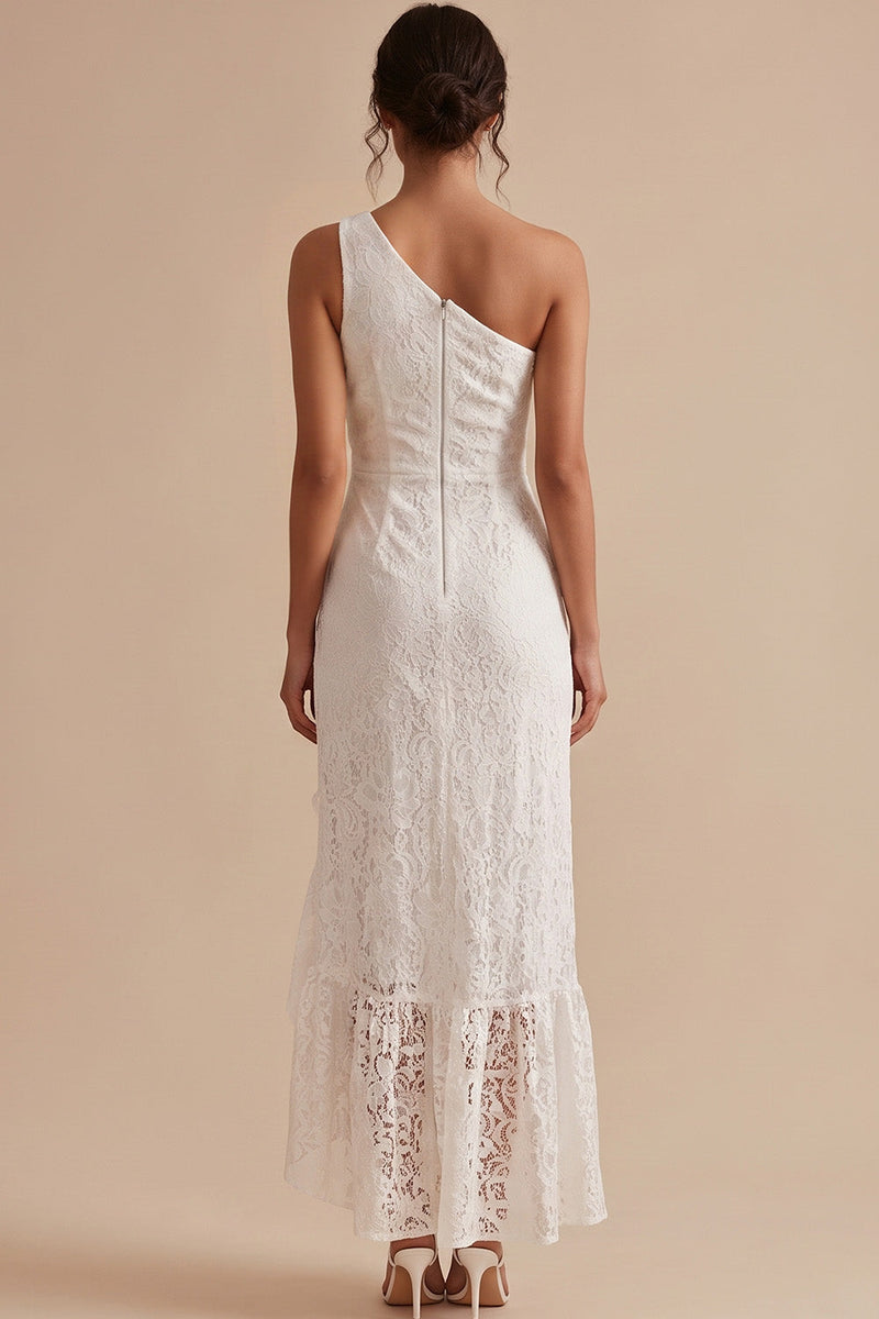 Load image into Gallery viewer, Sheath White Lace Ruffled One Shoulder Midi Graduation Dress with Slit