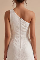 Load image into Gallery viewer, Sheath White Lace Ruffled One Shoulder Midi Graduation Dress with Slit