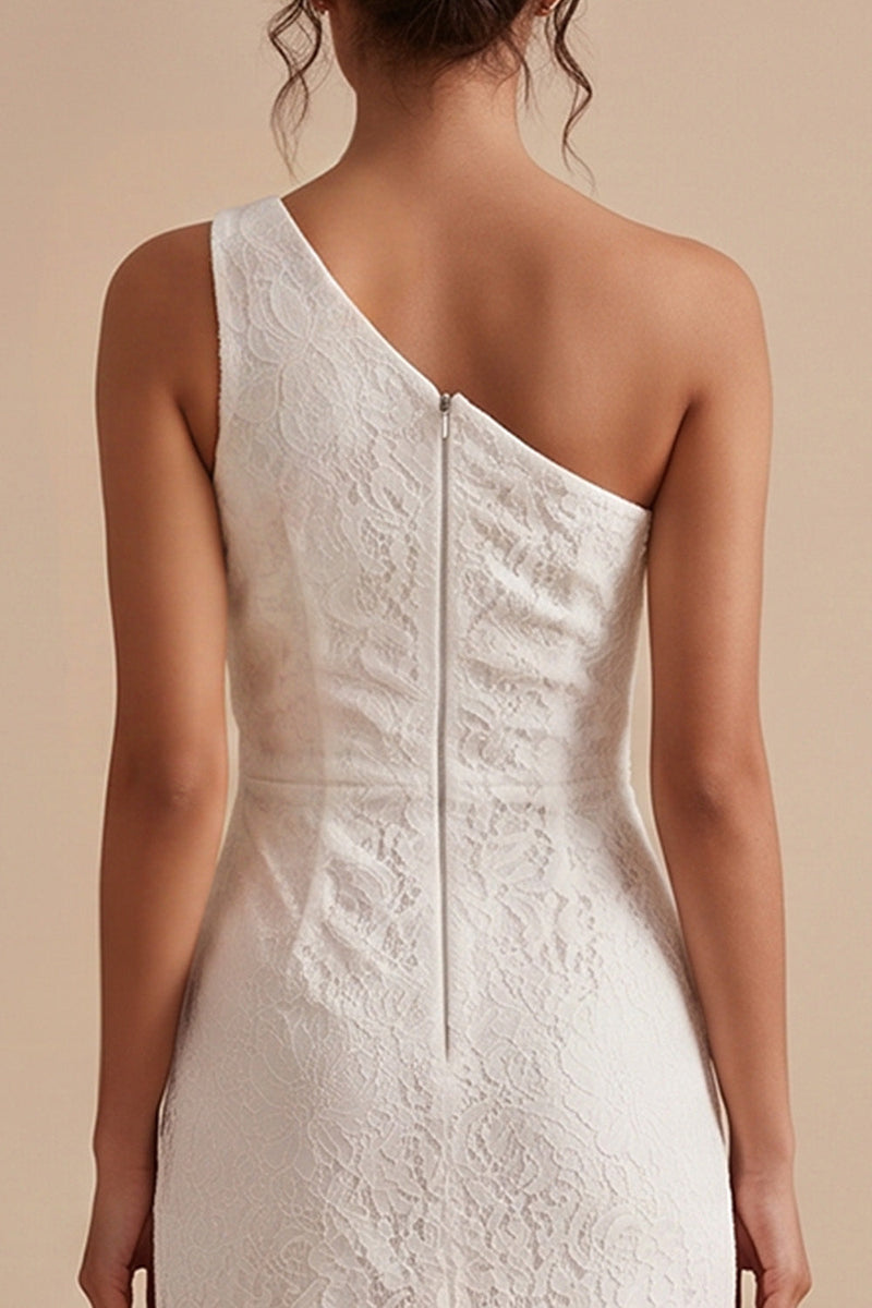Load image into Gallery viewer, Sheath White Lace Ruffled One Shoulder Midi Graduation Dress with Slit