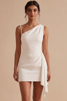 Load image into Gallery viewer, Bodycon White Ruched Asymmetrical Neck Short Graduation Dress with Sash