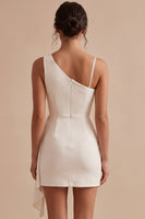 Load image into Gallery viewer, Bodycon White Ruched Asymmetrical Neck Short Graduation Dress with Sash