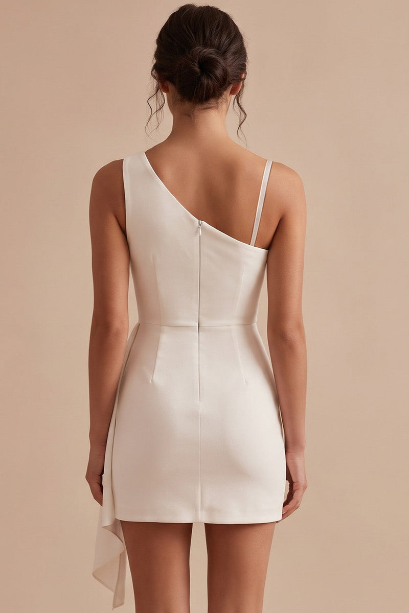 Load image into Gallery viewer, Bodycon White Ruched Asymmetrical Neck Short Graduation Dress with Sash