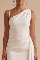 Load image into Gallery viewer, Bodycon White Ruched Asymmetrical Neck Short Graduation Dress with Sash
