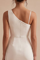 Load image into Gallery viewer, Bodycon White Ruched Asymmetrical Neck Short Graduation Dress with Sash