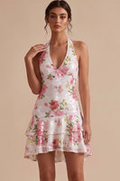 Load image into Gallery viewer, Sparkly White Floral Sequin Halter Ruffled Tiered A Line Short Graduation Dress
