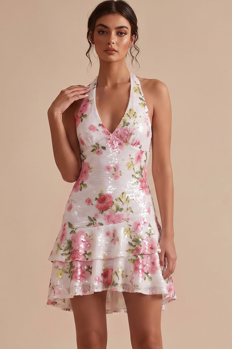 Load image into Gallery viewer, Sparkly White Floral Sequin Halter Ruffled Tiered A Line Short Graduation Dress