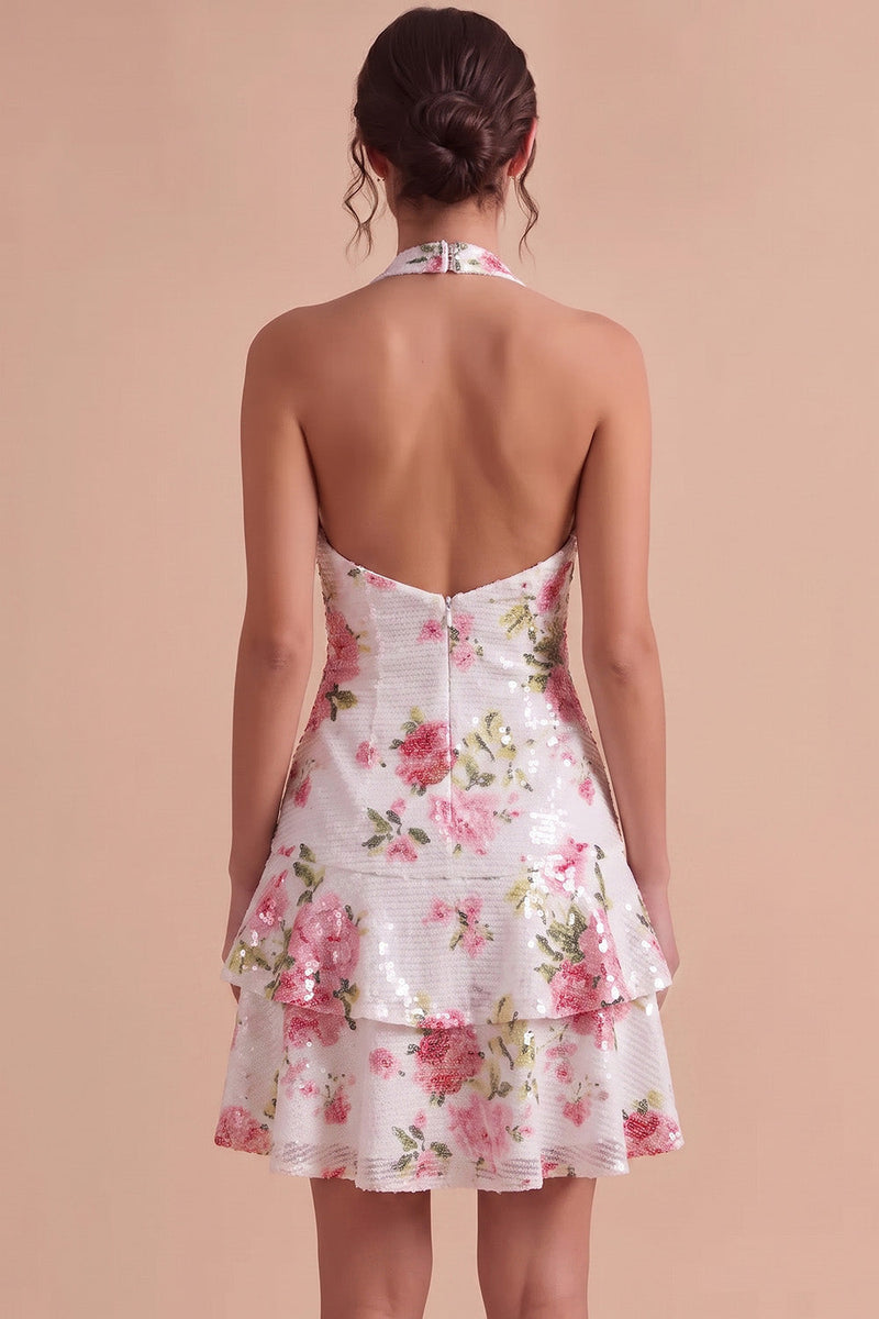 Load image into Gallery viewer, Sparkly White Floral Sequin Halter Ruffled Tiered A Line Short Graduation Dress