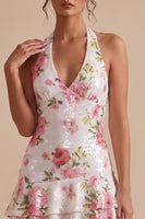 Load image into Gallery viewer, Sparkly White Floral Sequin Halter Ruffled Tiered A Line Short Graduation Dress