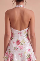 Load image into Gallery viewer, Sparkly White Floral Sequin Halter Ruffled Tiered A Line Short Graduation Dress