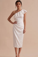 Load image into Gallery viewer, White Tight Ruffled Tiered Ruched One Shoulder Midi Graduation Dress with Lace