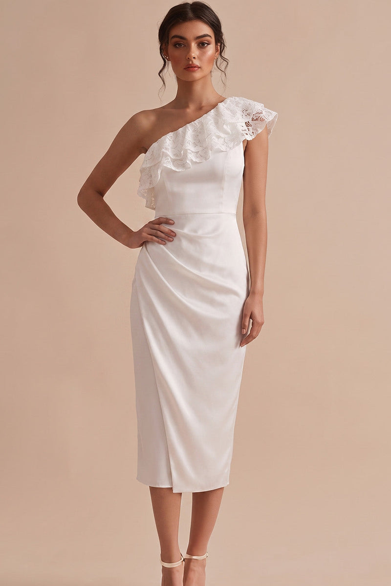 Load image into Gallery viewer, White Tight Ruffled Tiered Ruched One Shoulder Midi Graduation Dress with Lace