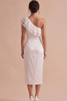 Load image into Gallery viewer, White Tight Ruffled Tiered Ruched One Shoulder Midi Graduation Dress with Lace