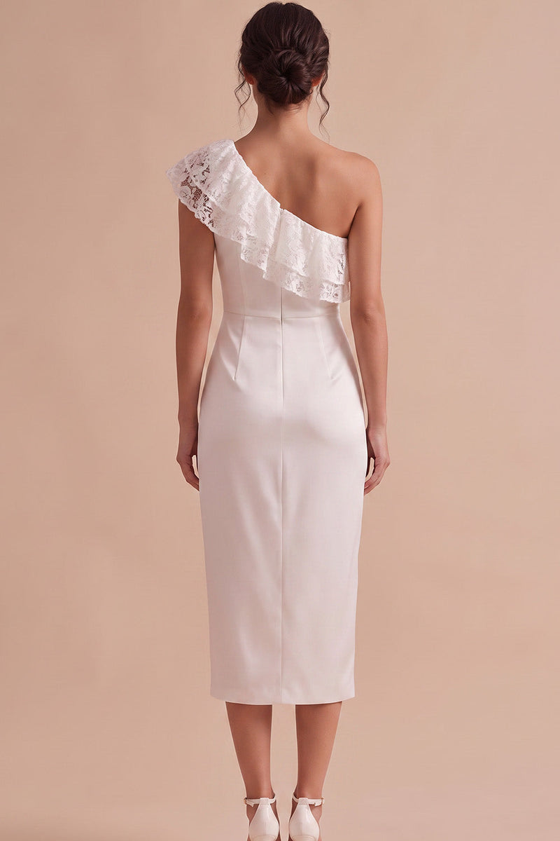 Load image into Gallery viewer, White Tight Ruffled Tiered Ruched One Shoulder Midi Graduation Dress with Lace