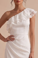 Load image into Gallery viewer, White Tight Ruffled Tiered Ruched One Shoulder Midi Graduation Dress with Lace