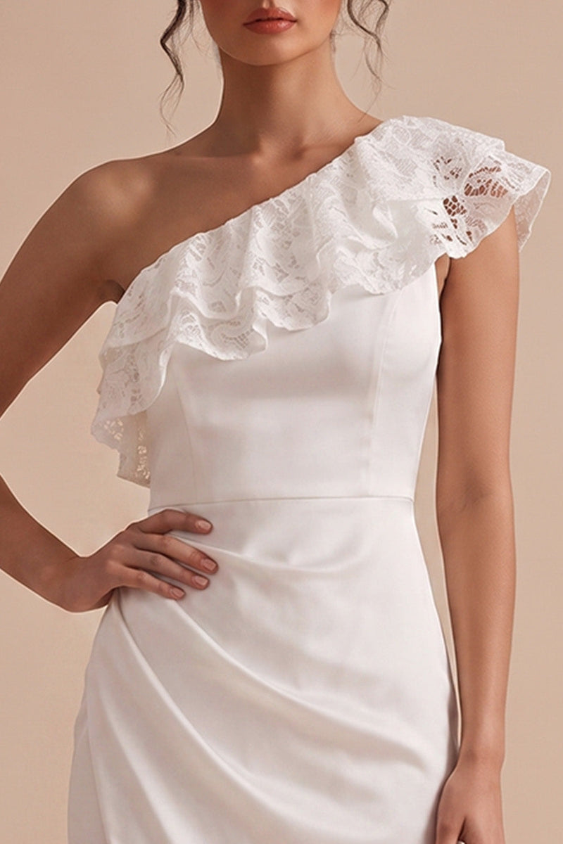 Load image into Gallery viewer, White Tight Ruffled Tiered Ruched One Shoulder Midi Graduation Dress with Lace