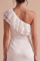 Load image into Gallery viewer, White Tight Ruffled Tiered Ruched One Shoulder Midi Graduation Dress with Lace