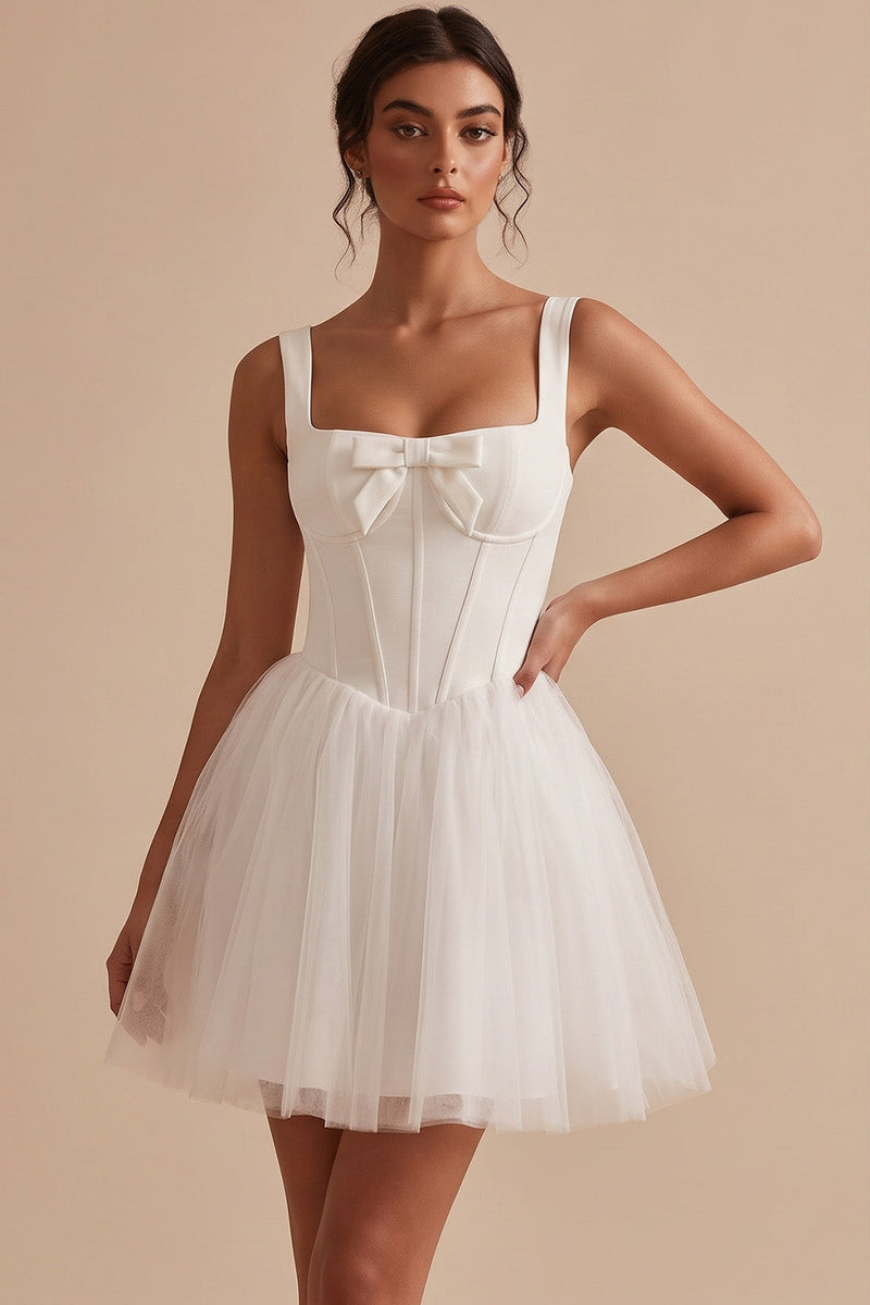 Load image into Gallery viewer, Corset White A Line Tulle Thick Straps Short Graduation Dress with Bow