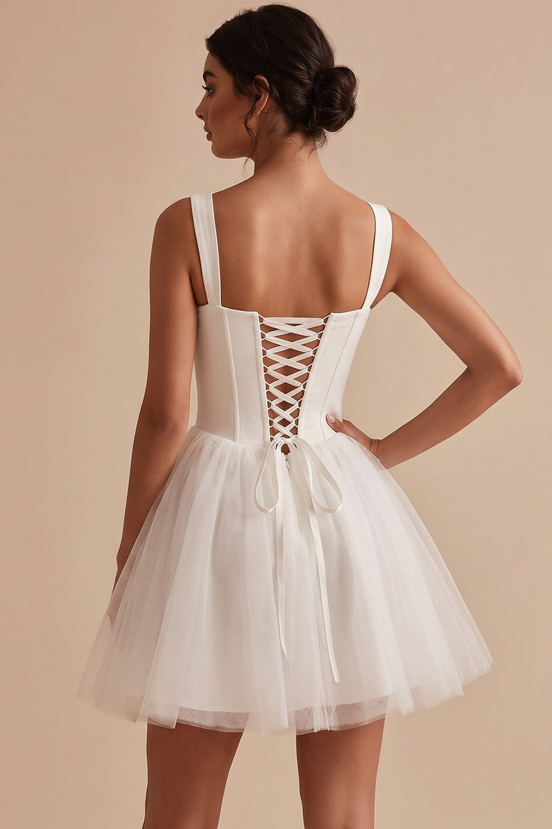 Load image into Gallery viewer, Corset White A Line Tulle Thick Straps Short Graduation Dress with Bow