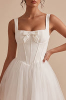 Load image into Gallery viewer, Corset White A Line Tulle Thick Straps Short Graduation Dress with Bow