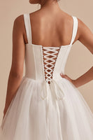 Load image into Gallery viewer, Corset White A Line Tulle Thick Straps Short Graduation Dress with Bow