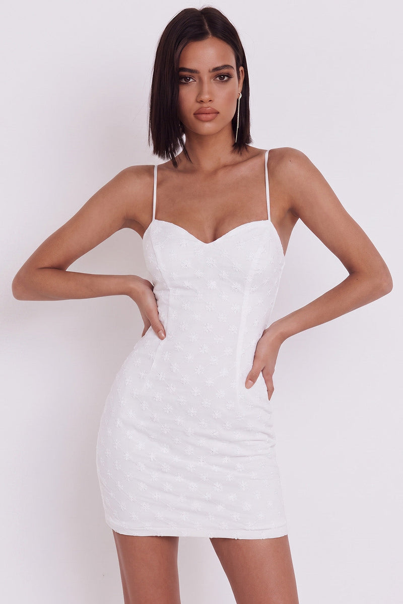 Load image into Gallery viewer, White Floral Bodycon Spaghetti Straps Short Graduation Dress