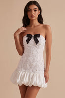 Load image into Gallery viewer, Sparkly A Line White Strapless Floral Beaded Short Bubble Graduation Dress with Bow