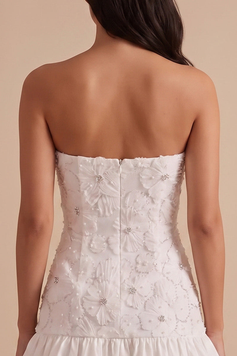 Load image into Gallery viewer, Sparkly A Line White Strapless Floral Beaded Short Bubble Graduation Dress with Bow