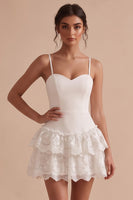 Load image into Gallery viewer, A Line White Tiered Ruffled Short Graduation Dress with Lace