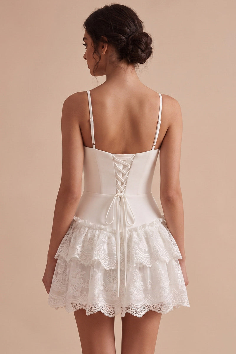 Load image into Gallery viewer, A Line White Tiered Ruffled Short Graduation Dress with Lace