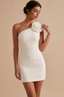 Load image into Gallery viewer, Bodycon White One Shoulder Short Graduation Dress with 3D Flower