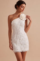 Load image into Gallery viewer, Bodycon White One Shoulder Short Graduation Dress with 3D Flower