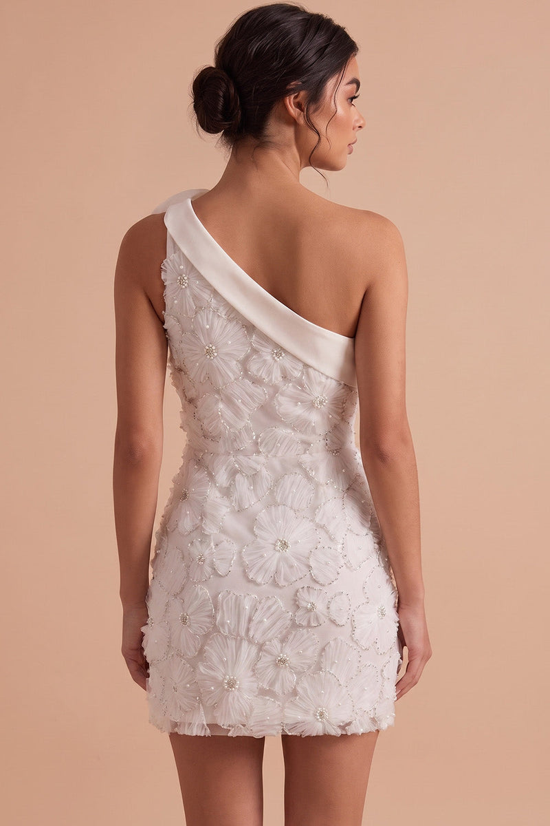 Load image into Gallery viewer, Bodycon White One Shoulder Short Graduation Dress with 3D Flower