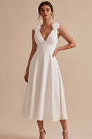 Load image into Gallery viewer, A Line White Ruched V-Neck Midi Graduation Dress with 3D Flowers