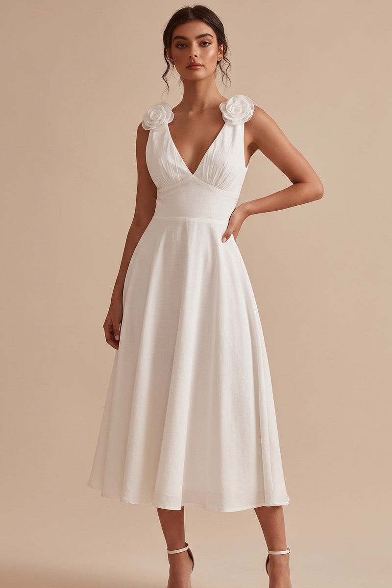 Load image into Gallery viewer, A Line White Ruched V-Neck Midi Graduation Dress with 3D Flowers
