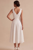 Load image into Gallery viewer, A Line White Ruched V-Neck Midi Graduation Dress with 3D Flowers