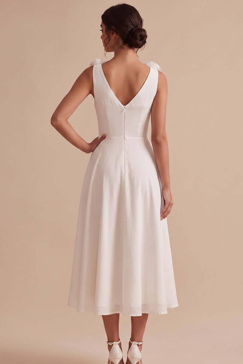 Load image into Gallery viewer, A Line White Ruched V-Neck Midi Graduation Dress with 3D Flowers