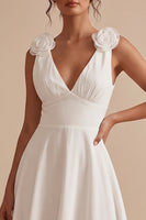 Load image into Gallery viewer, A Line White Ruched V-Neck Midi Graduation Dress with 3D Flowers