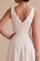 Load image into Gallery viewer, A Line White Ruched V-Neck Midi Graduation Dress with 3D Flowers