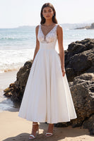 Load image into Gallery viewer, Floral White A Line V Neck Long Wedding Dress